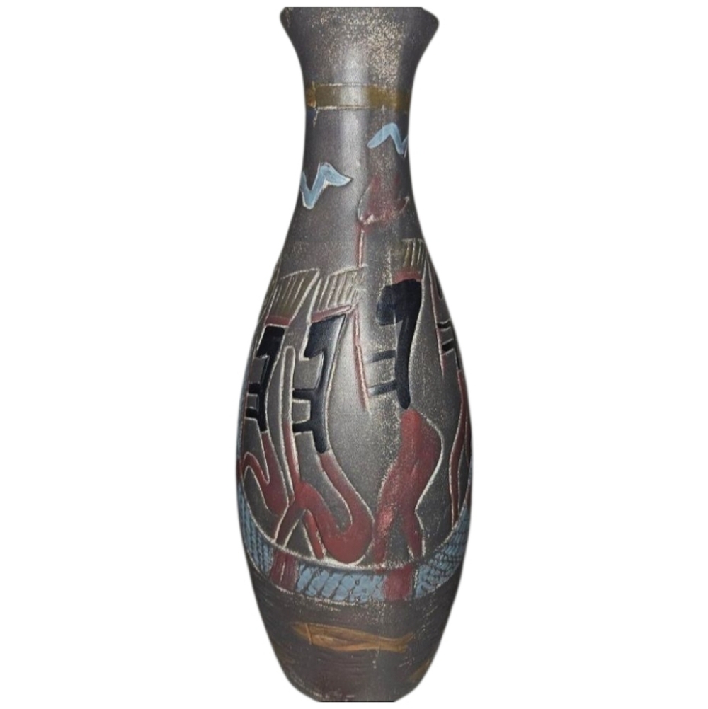 VTG La Dolce Vita Art African Queen Tribal Pottery Vase Etched Figures JJG Desig